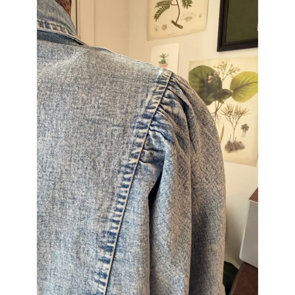 Aaron & Amber Chambray Denim Button Down Shirt Puff Sleeve Lightweight Medium - Picture 3 of 6
